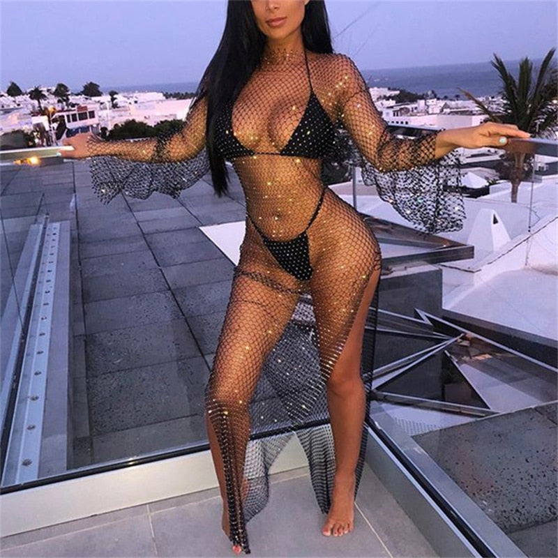 Shiny Rhinestones Grid Long Dress See Through Long Sleeves Fishnet Side Slit Long Dresses Chic Summer Beach Cover Up The Clothing Company Sydney