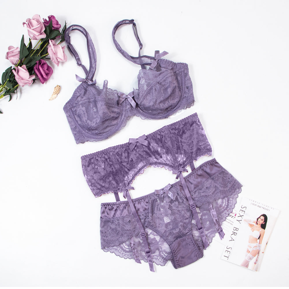 Ultra-Thin Gathered Plus Size Bowknot Floral Underwear Lace Strap Bra + Panties + Garte 3 Piece set The Clothing Company Sydney