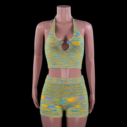 Rainbow Print Halter Cut Out Crop Top and Shorts 2 Piece Matching Set Club Fashion Outfits Loungewear Set The Clothing Company Sydney