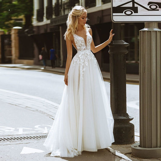 Boho Wedding Dresses Deep V-Neck Appliques Lace Pearls Buttons Back A-Line Tulle Formal Gown Beach Simple Bridal Dress The Clothing Company Sydney