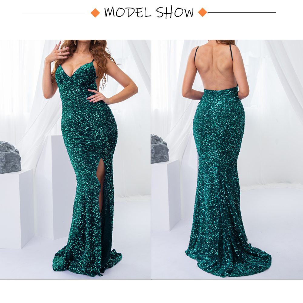 Sequin Backless Slip Mermaid Long Party Luxury V Neck Velvet Stretch Slit Sleeveless Cocktail Prom Formal Dress The Clothing Company Sydney