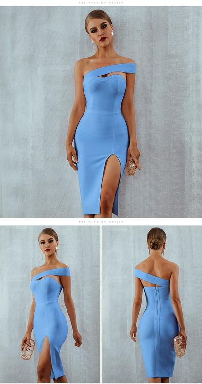 White Blue Bodycon Bandage Dress Summer Elegant Black One Shoulder Strapless Celebrity Runway Party Dress The Clothing Company Sydney