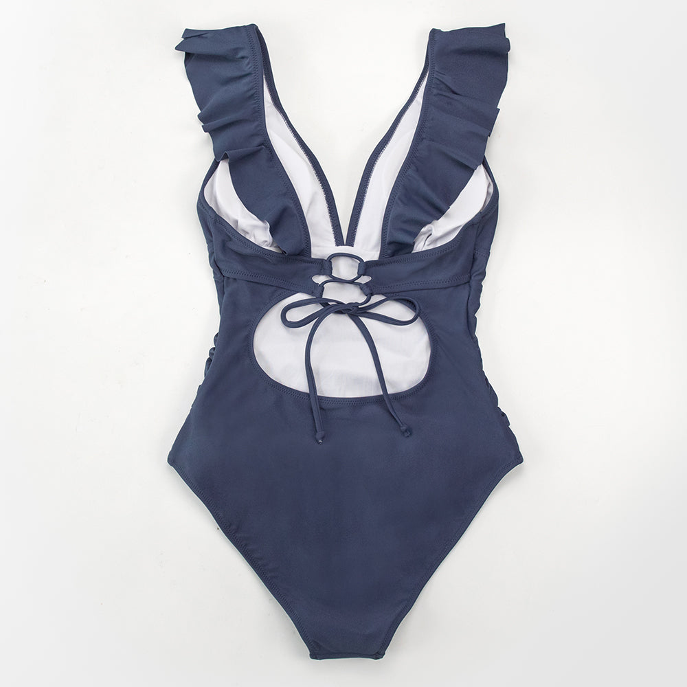 Solid Black Ruffled One-piece Swimsuit Lace Up Monokini Swimwear Beach Bathing Suits The Clothing Company Sydney