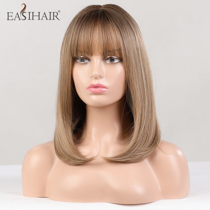 Short Straight Bob Wigs with Bang Golden Brown Natural Synthetic Hair for Women Daily Cosplay Heat Resistant Fiber Wigs The Clothing Company Sydney