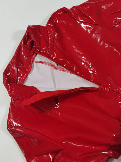 Black Red Wetlook Faux Leather Long Sleeve Pvc Catsuit Front Zipper Open Crotch Stretch Clubwear Overalls Jumpsuit The Clothing Company Sydney