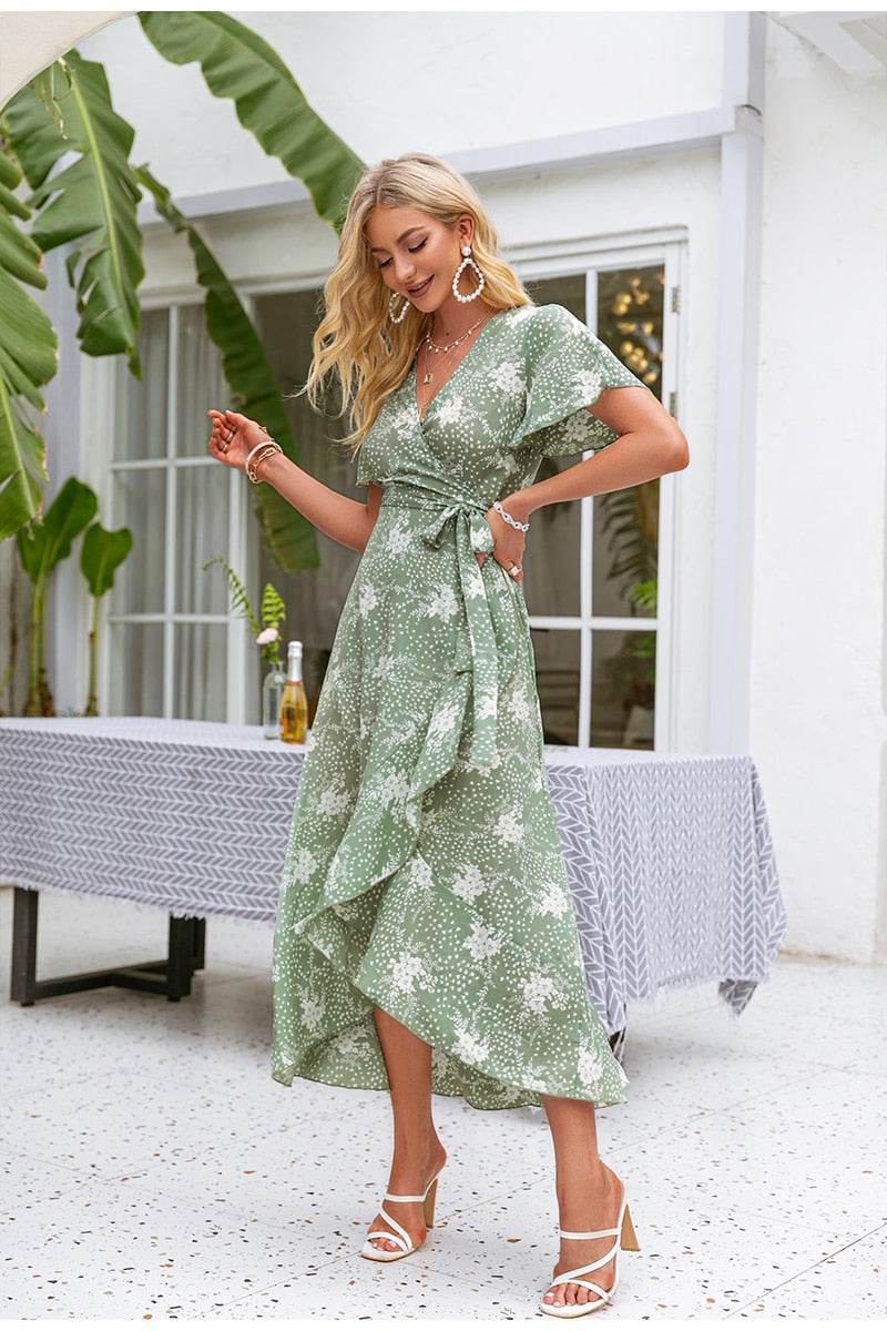 Green print flared sleeve A-line Summer Boho Women High-waist Bodycon Casual Chiffon asymmetric Dress The Clothing Company Sydney