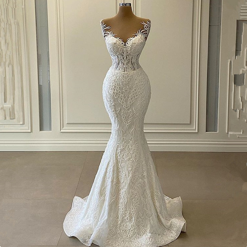 Luxury 3D Lace Mermaid Wedding Dress Romantic Beads Tulle Neck Wedding Bridal Gowns The Clothing Company Sydney