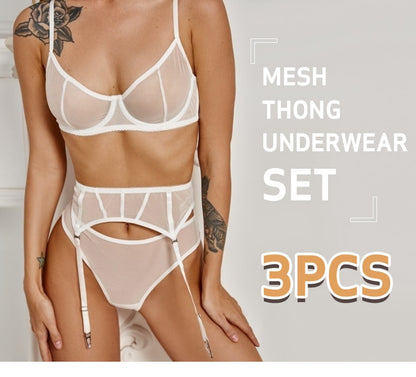 3 Piece Fashion Garter Lingerie Sets Mesh Transparent Thong Underwear Set G-String Womens Bra Sets Lace Bralette Set The Clothing Company Sydney