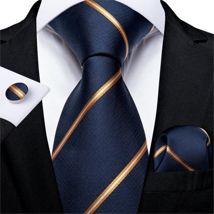 3 Piece Designer Men's Wedding Tie Gold Black Striped Silk Neck Ties For Men Hanky Cufflinks Set Business Party Wear The Clothing Company Sydney