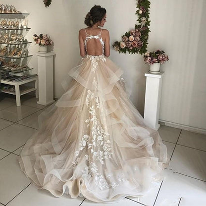 Champagne Wedding Dresses Sexy Backless Floral Ruffles Puffy Lace Bridal Gowns Beach Wedding Gowns The Clothing Company Sydney