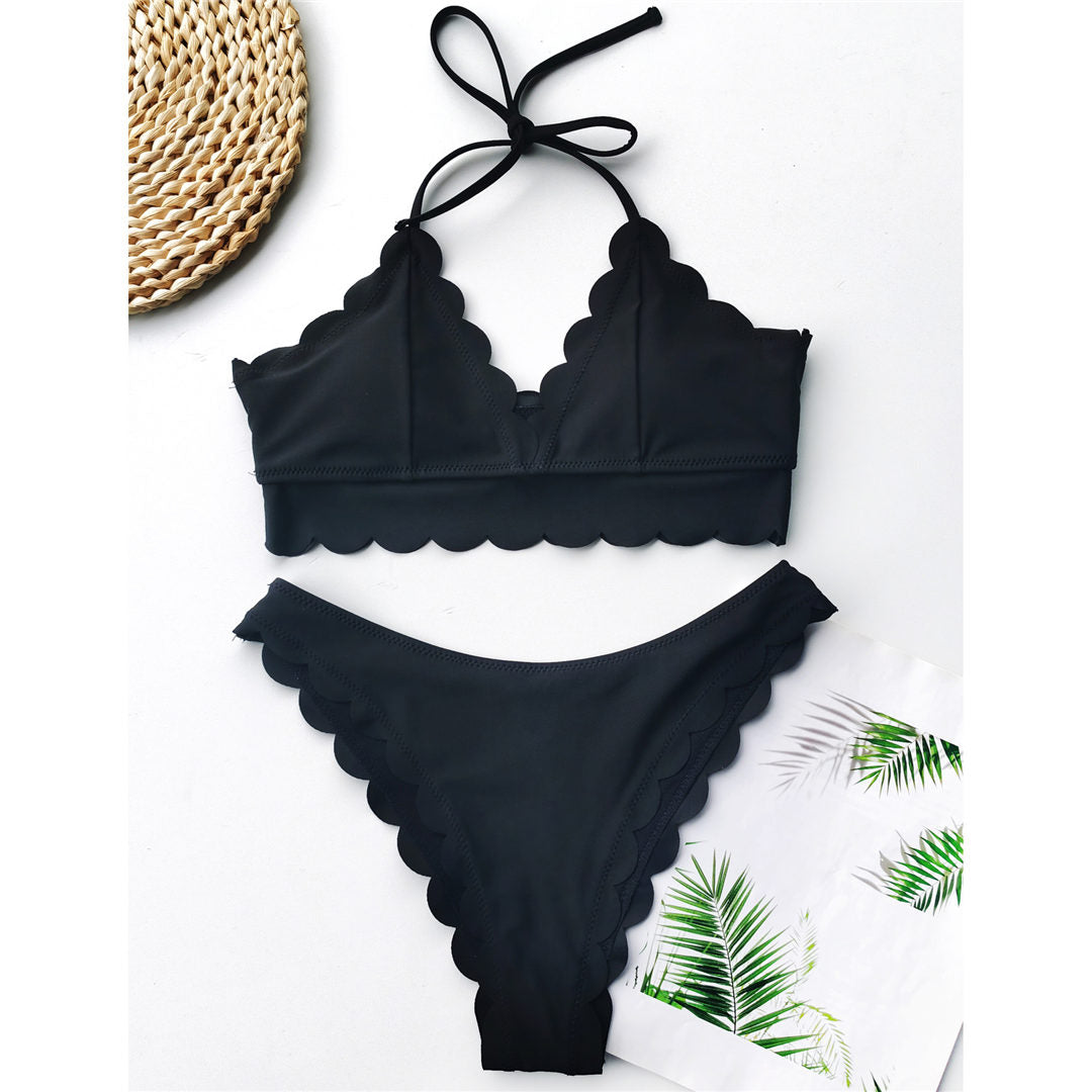 Scalloped Mid Waist Bikini Female Swimsuit Swimwear Two-pieces Bikini set Halter Bather Bathing Suit The Clothing Company Sydney