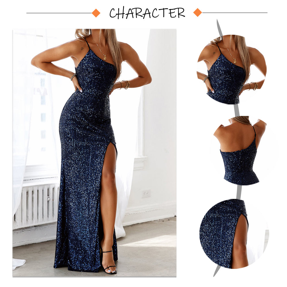 Slim Navy Blue One Shoulder Sequin Long Cocktail Luxury Stretch Slit Open Leg Wedding Party Prom Formal Evening Dress The Clothing Company Sydney