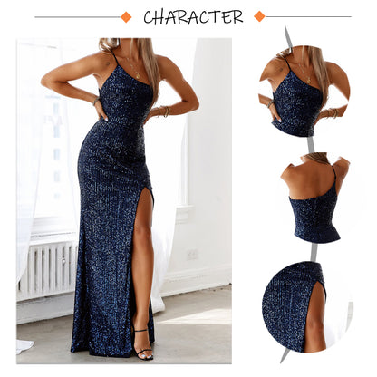 Slim Navy Blue One Shoulder Sequin Long Cocktail Luxury Stretch Slit Open Leg Wedding Party Prom Formal Evening Dress The Clothing Company Sydney