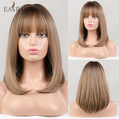 Short Straight Bob Wigs with Bang Golden Brown Natural Synthetic Hair for Women Daily Cosplay Heat Resistant Fiber Wigs The Clothing Company Sydney