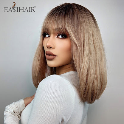 Short Straight Bob Wigs with Bang Golden Brown Natural Synthetic Hair for Women Daily Cosplay Heat Resistant Fiber Wigs The Clothing Company Sydney