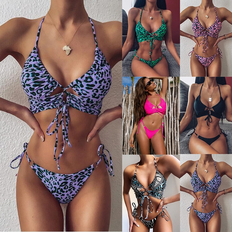 Animal Print Bikini Push Up Swimwear Women Leopard Female Bandage Swimwear Monokini Halter Backless Bathing Suit The Clothing Company Sydney