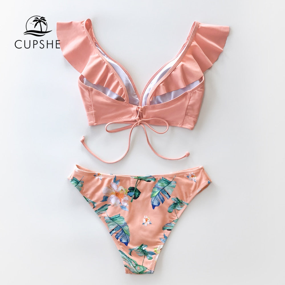 Tropical Pink Ruffle Bikini Sets Lace Up Low-waist Swimsuit Two Piece Swimwear Beach Bathing Suits The Clothing Company Sydney