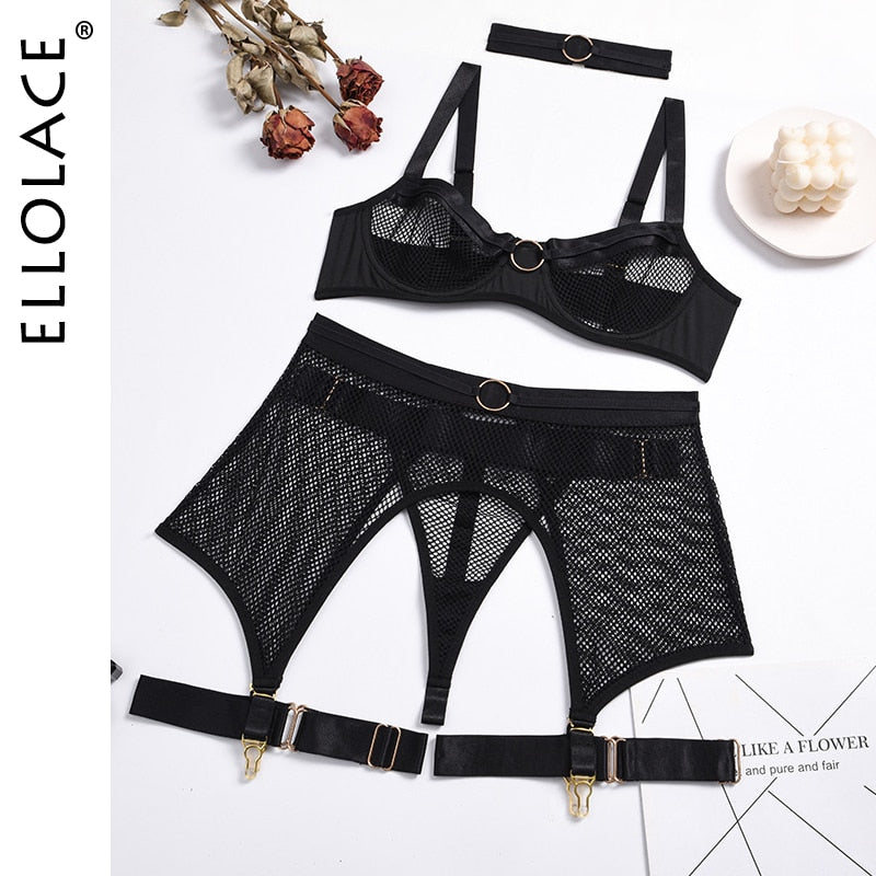 Four-Piece Set Erotic Lingerie Transparent Bra Kit Push Up See Through Lace Mesh Seamless Underwear Garters The Clothing Company Sydney