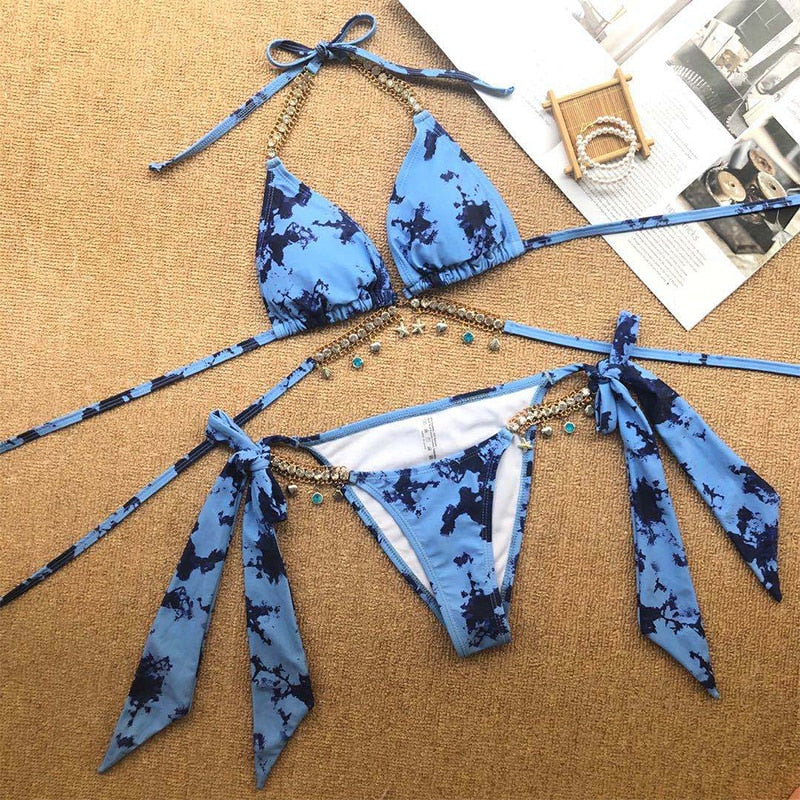 2 Piece Shiny diamond bikini  push up halter swimsuit crystal swimwear Brazilian Bathing suit Bikini Set The Clothing Company Sydney