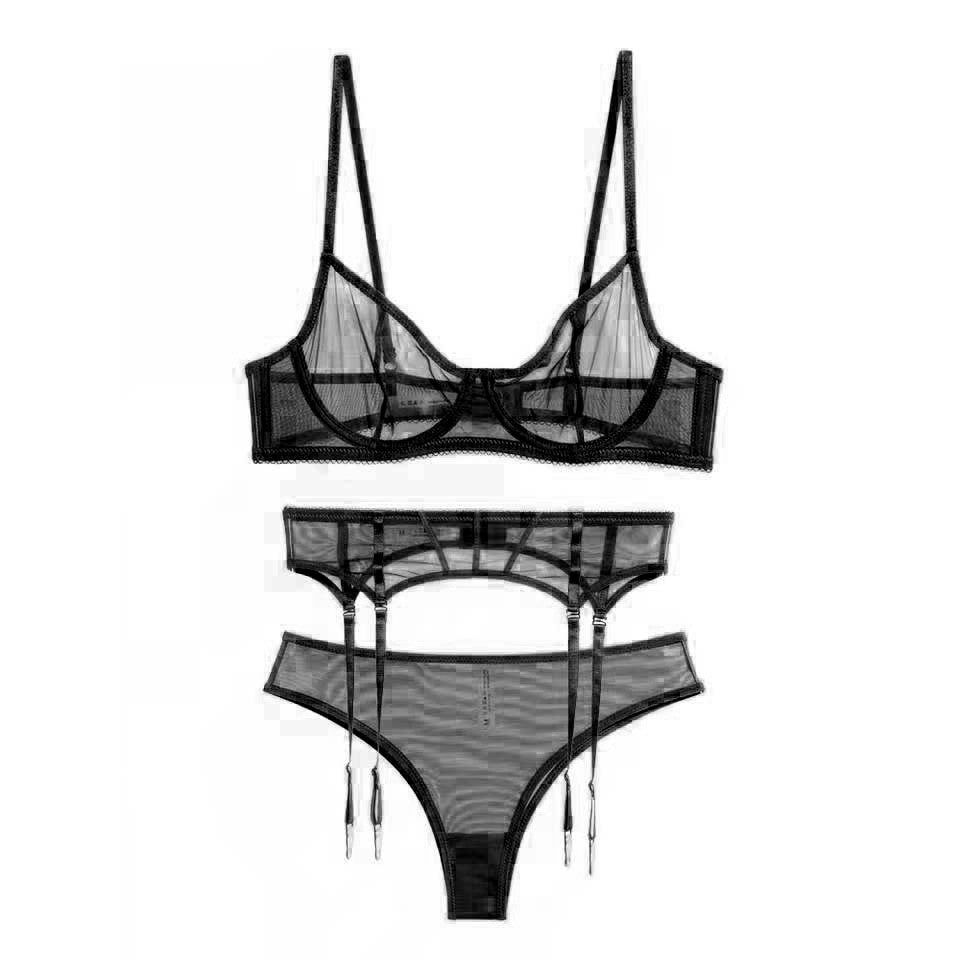 3 Piece Fashion Garter Lingerie Sets Mesh Transparent Thong Underwear Set G-String Womens Bra Sets Lace Bralette Set The Clothing Company Sydney