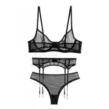 3 Piece Fashion Garter Lingerie Sets Mesh Transparent Thong Underwear Set G-String Womens Bra Sets Lace Bralette Set The Clothing Company Sydney