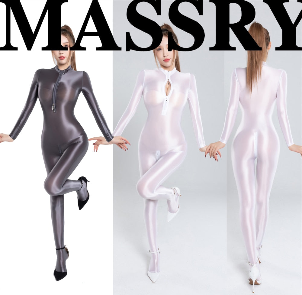 Oily Glossy Elastic Tights Zipper Open Crotch Full Body Jumpsuits See Through Bodysuits Women Smooth Bodycon Romper Jumpsuit The Clothing Company Sydney