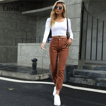 Women's Streetwear Cotton Elastic Waist Brown Jean Pants Women Denim Trousers With Pockets Spring Stretch Jeans The Clothing Company Sydney