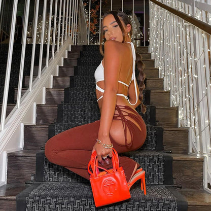 Side Hollow Out Lace Up High Waisted Flare White Brown Bottoms Trousers Fall Trendy Pants The Clothing Company Sydney