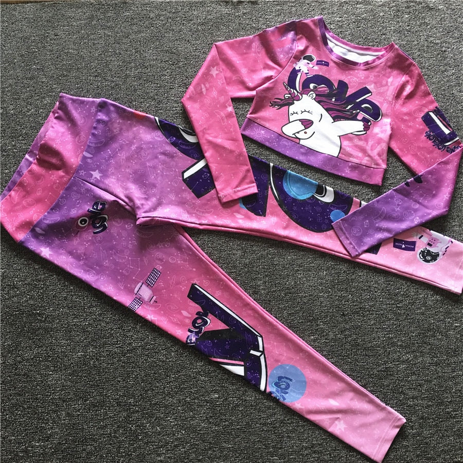 Cartoon Print Pink Two 2 Piece Long Sleeve Crop Top T Shirt Sport Pant Sportsuit Workout Active Outfit Fitness Gym Sport Sets The Clothing Company Sydney