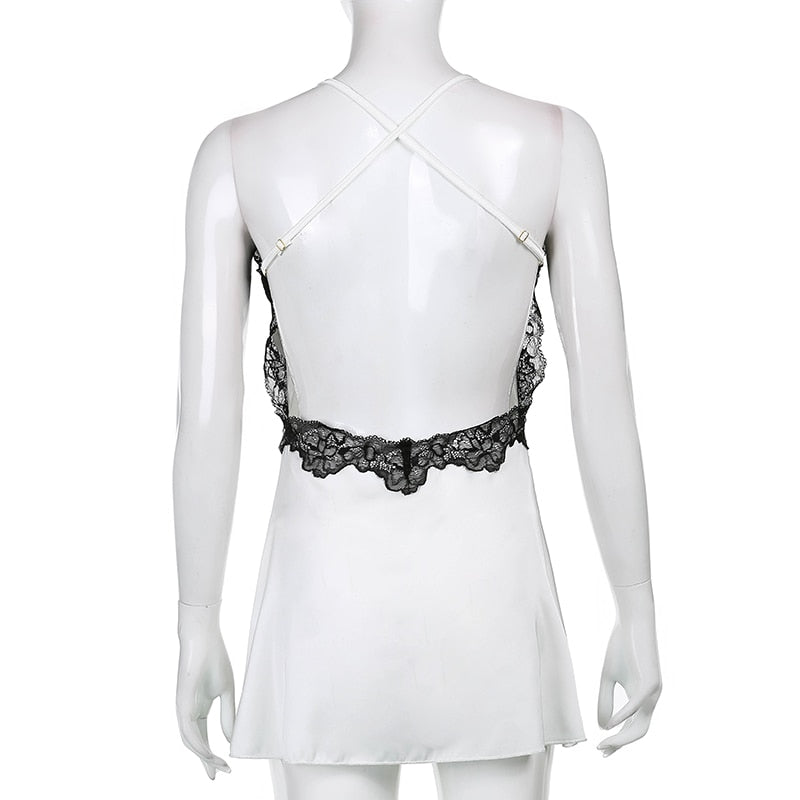 V Neck Lace Trim A-Line Satin White Dress Fashion Strap Mini Summer Dress Backless Party Dresses The Clothing Company Sydney