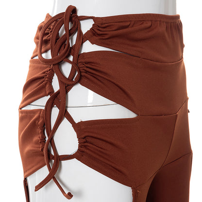Side Hollow Out Lace Up High Waisted Flare White Brown Bottoms Trousers Fall Trendy Pants The Clothing Company Sydney