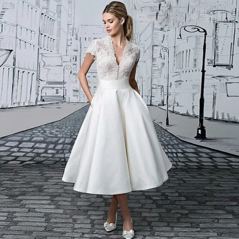 Short Wedding Dresses Tea-Length Cap Sleeve V-Neck Lace Appliques Button Elegant A-Line Satin Civil Vintage Bridal Gown The Clothing Company Sydney