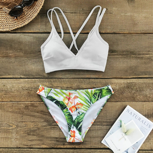 White and Green Leaf Print Low-waist Bikini Sets Lace Up Swimsuit Two Piece Swimwear Beach Bathing Suit The Clothing Company Sydney