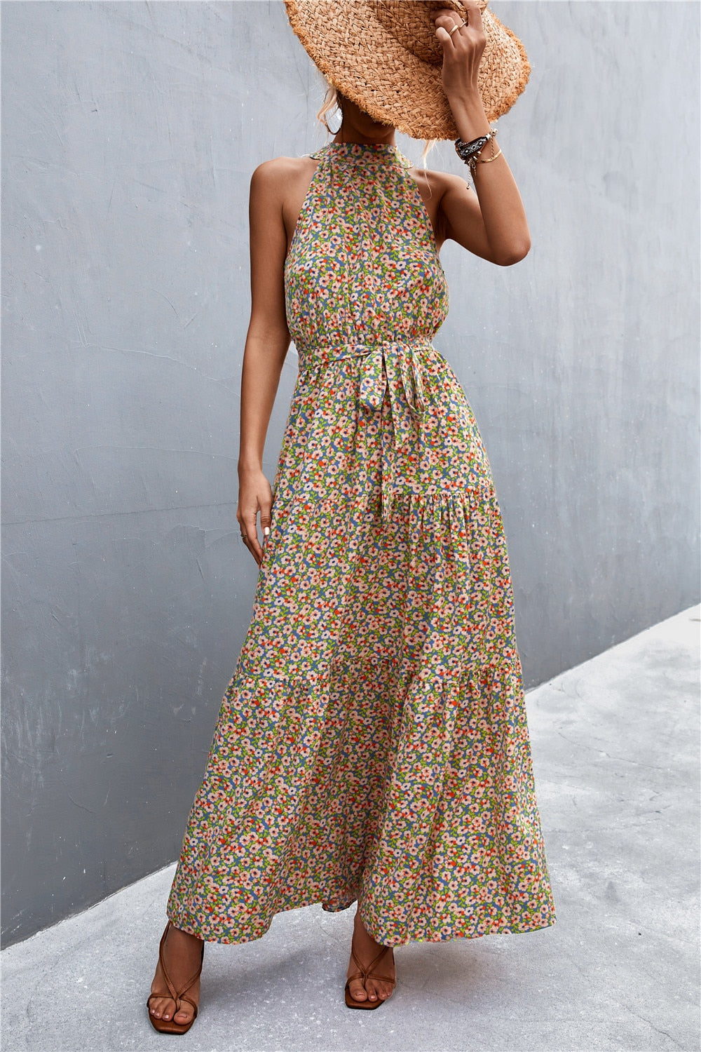 Summer Holiday Flower Printed Folds Blue Dress Beach Casual Neck-mounted Bandage Elegant Party Long Dress The Clothing Company Sydney