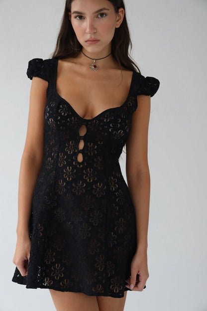 Square Neck Black White Mini Summer High Waist Short Sleeve Beachwear Bodycon Hollow Out Sundress Dress The Clothing Company Sydney