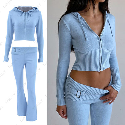 Women's Spring Outfits Casual Zipper Sweater Hoodie Set High Waist Flare Pants Suits Pink Knitted Y2k Two Piece Set The Clothing Company Sydney