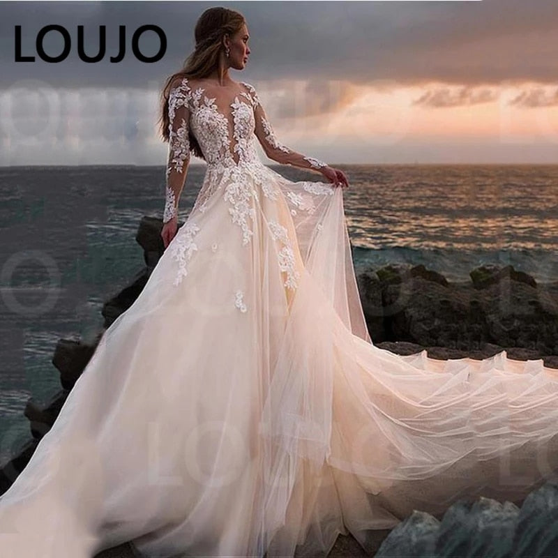 Illusion Long Sleeves A-line Lace Appliqued Ball Gown Wedding Gowns Boho Bridal Beach Wedding Dress The Clothing Company Sydney