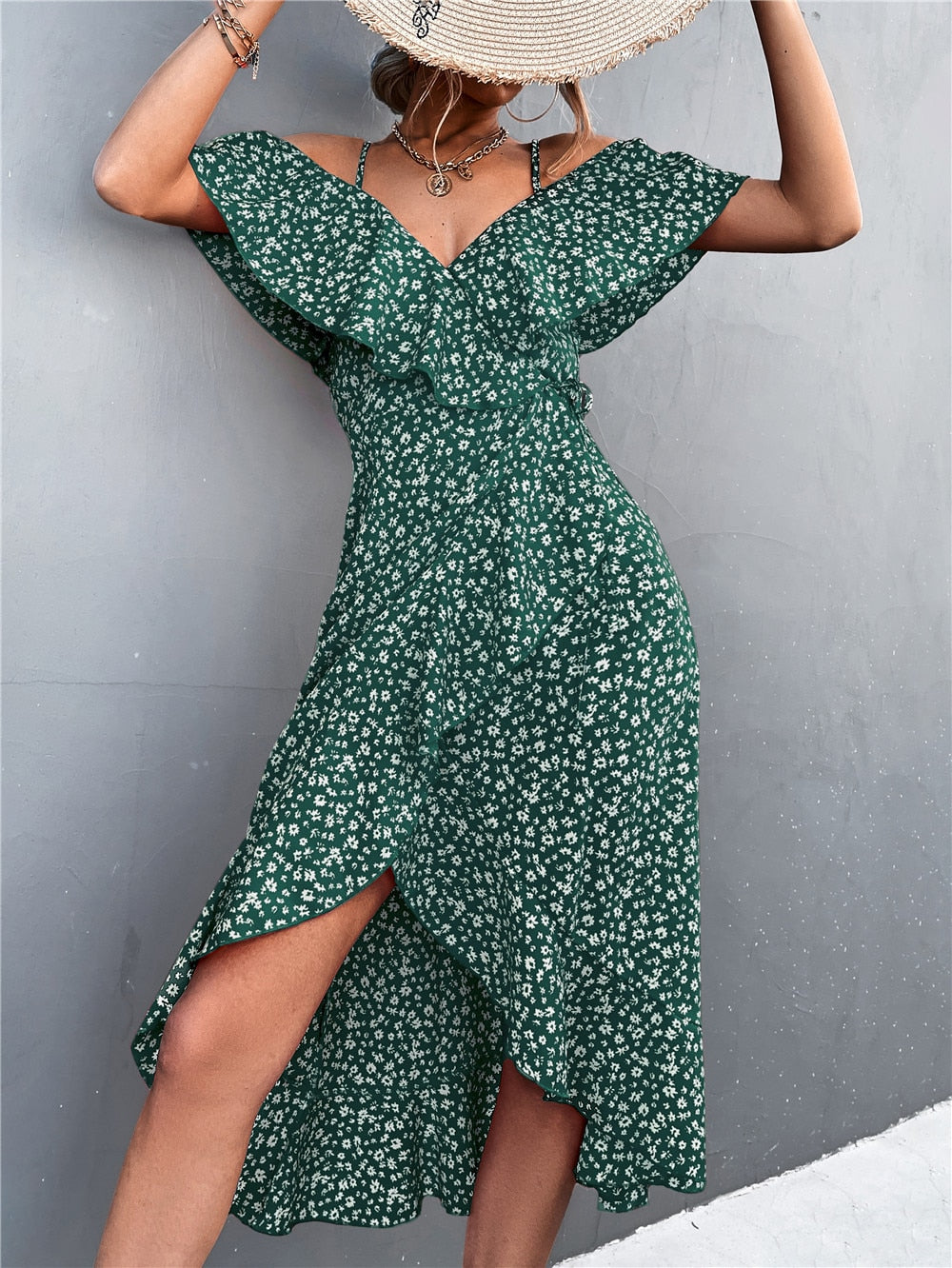 Summer Straps Midi Dress Beach Casual Party Off Shoulder Slim Ruffles Floral Print Dresses The Clothing Company Sydney