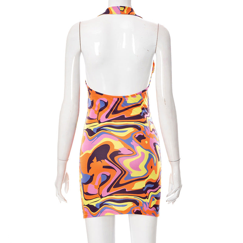 Print Halter Neck Cut Out Bodycon Mini Half Sleeve Backless Stretchy Summer Y2K Dress The Clothing Company Sydney