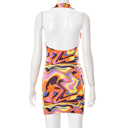 Print Halter Neck Cut Out Bodycon Mini Half Sleeve Backless Stretchy Summer Y2K Dress The Clothing Company Sydney