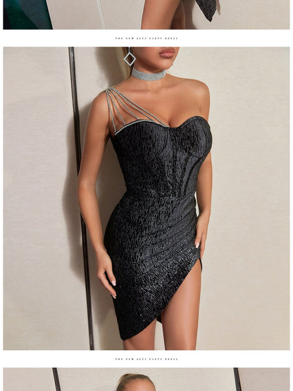 One Shoulder Diamonds Party Dress Women Summer Sleeveless Celebrity Sequins Evening Fashion Night Club Dress The Clothing Company Sydney