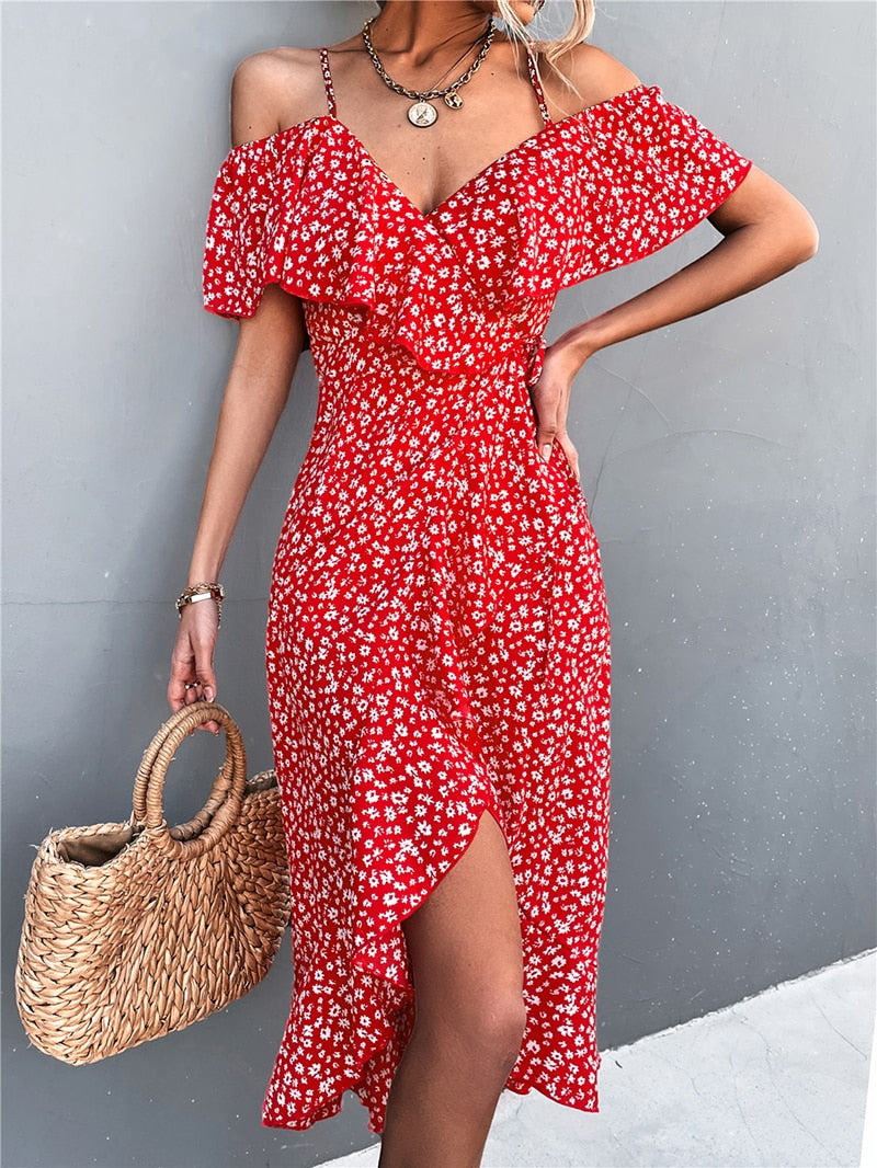 Summer Straps Midi Dress Beach Casual Party Off Shoulder Slim Ruffles Floral Print Dresses The Clothing Company Sydney