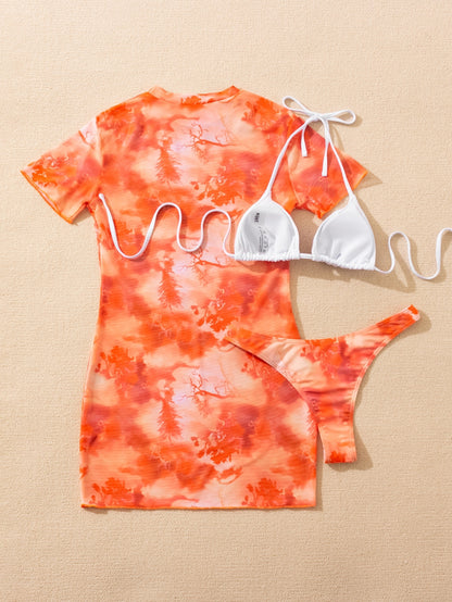 Slit Cuff Plunge Neck Three Piece Bikini Set with Cover Up Plain Swimsuit Women Swimwear Summer Beach Bathing Suit The Clothing Company Sydney