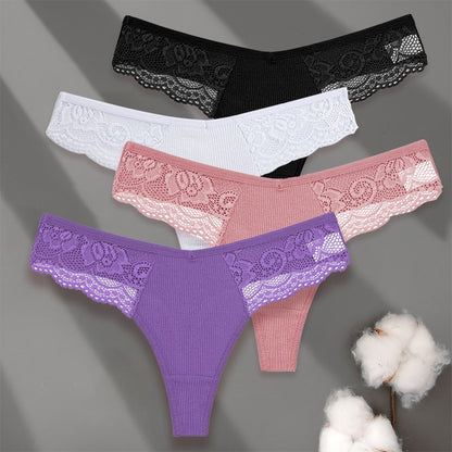 4 Pack set V-Waist Women Cotton G-string Lace Lingerie Panties Thongs Femme Underwear Underpant Intimates The Clothing Company Sydney