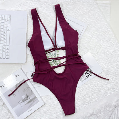 Bandage Wrap Around Tummy Cut Out Deep V Monokini One Piece Swimsuit Swimwear Bather Bathing Suit - The Clothing Company Sydney