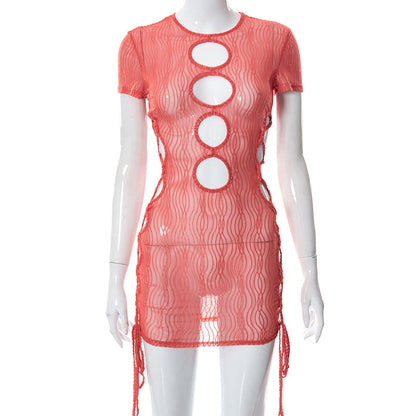 Print Hollow Out Lace Up Mini O Neck Short Sleeve See Through Summer Fairy Grunge Dress The Clothing Company Sydney