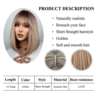 Short Straight Bob Wigs with Bang Golden Brown Natural Synthetic Hair for Women Daily Cosplay Heat Resistant Fiber Wigs The Clothing Company Sydney