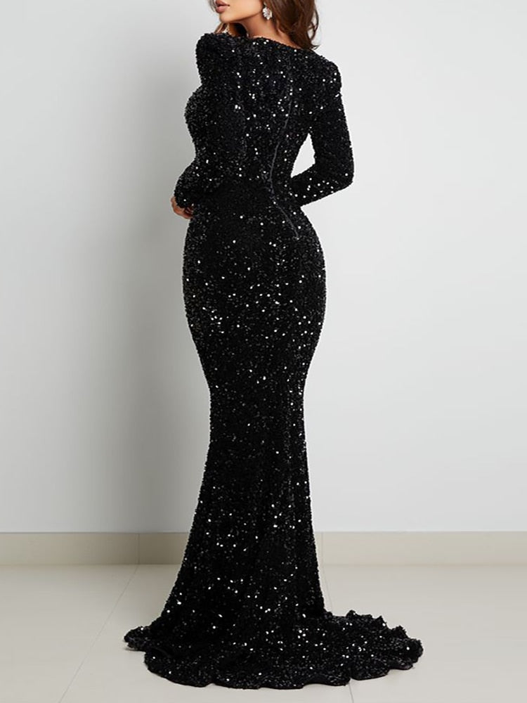 Luxury Long Sleeve Evening Gown Sequin Stretchy Velvet V Neck Mermaid Prom Floor Length Formal Cocktail Dress The Clothing Company Sydney