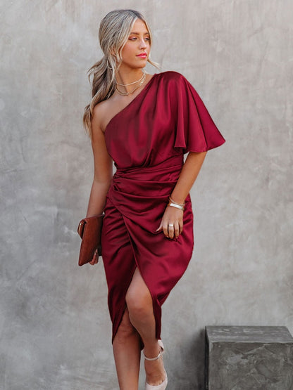 Satin One Shoulder Irregular Hem Midi Dress Solid Champagne Fitted Club Party Bodycon Dress Summer Dress The Clothing Company Sydney