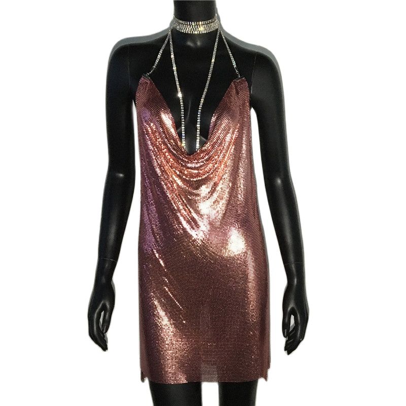 Gold Sequined Patchwork Mini Dress Women Sleeveless Low Cut Metal Chains Halter Slim Charming Nightclub Party Dresses The Clothing Company Sydney